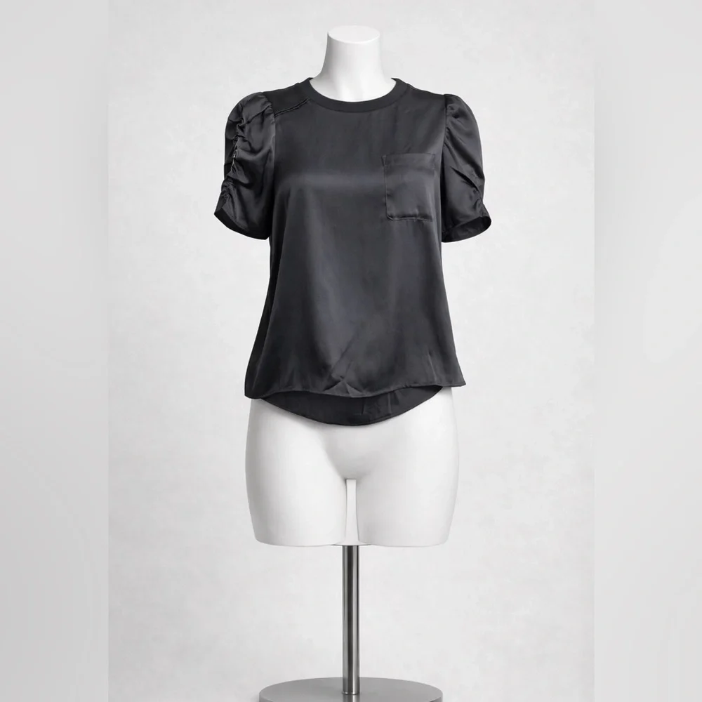 DR2 Satin Puff Sleeve Blouse Black Gray Size M Workwear Top - Picture 12 of 12